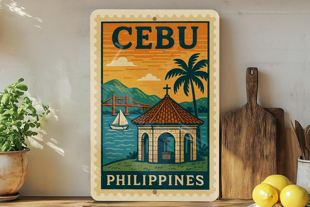 a vintage-style poster of Cebu, the capital city of the Philippines, with a tropical landscape and a small building. The poster is displayed on a wall, and there are some kitchen utensils, such as a cutting board and a knife, as well as some decorative elements like a potted plant and a lemon, in the foreground.