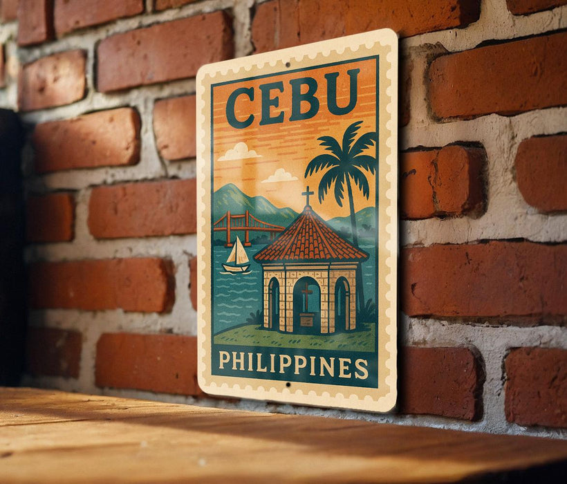 a vintage-style sign with the text "Cebu Philippines" and an illustration of a tropical beach scene with palm trees, a bridge, and a church.
