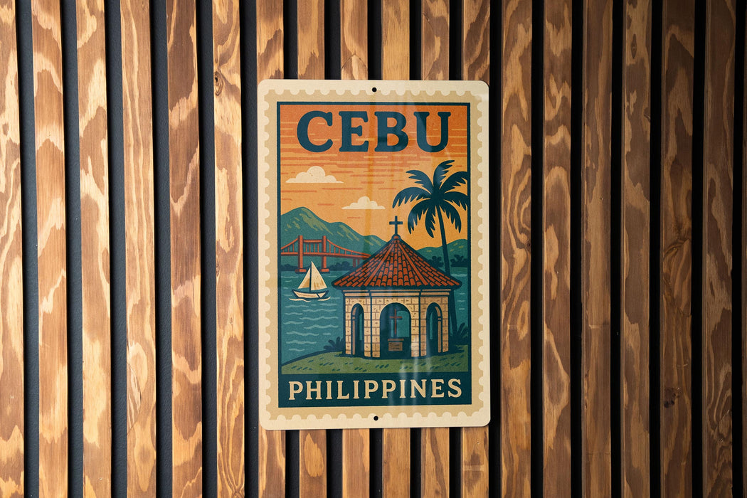 a vintage-style poster of Cebu, the capital city of the Philippines, with a tropical beach scene and a boat in the background.