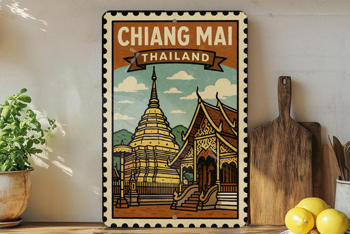 A vintage-style poster of the Chiang Mai temple in Thailand, featuring a golden temple with a spire and a wooden roof, surrounded by lush greenery.