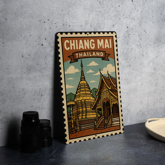 A metal sign with a vintage-style illustration of a temple and a mountain, along with the text "CHIANG MAI THAILAND" printed on it.