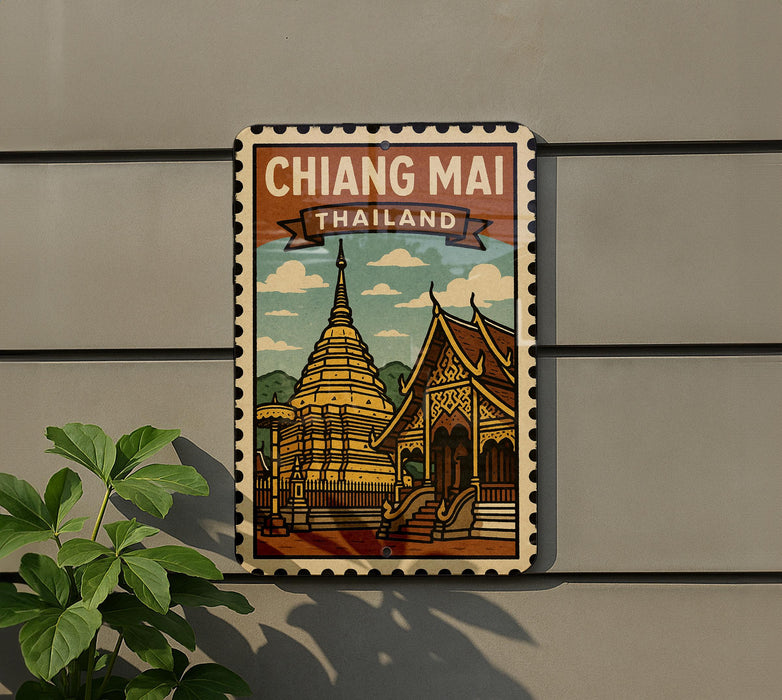 A vintage-style metal sign with a temple illustration and the text "CHIANG MAI THAILAND" displayed on a wall.