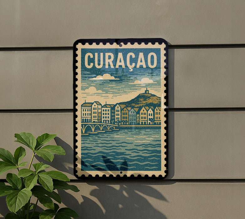 a postage stamp-style sign with a cityscape and water scene, mounted on a wall.