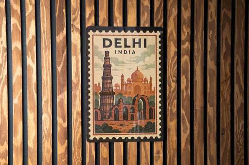 A vintage-style poster of the Qutub Minar, a famous monument in Delhi, India, is displayed on a wooden wall.