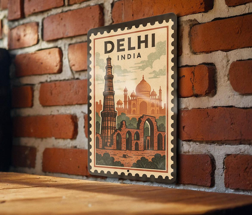 A vintage-style metal poster depicting the Taj Mahal and the Qutub Minar, with the text "DELHI INDIA" prominently displayed.