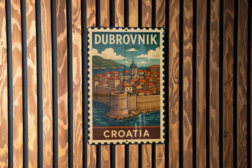 A vintage postage stamp depicting Dubrovnik, Croatia, with a castle and cityscape in the background.
