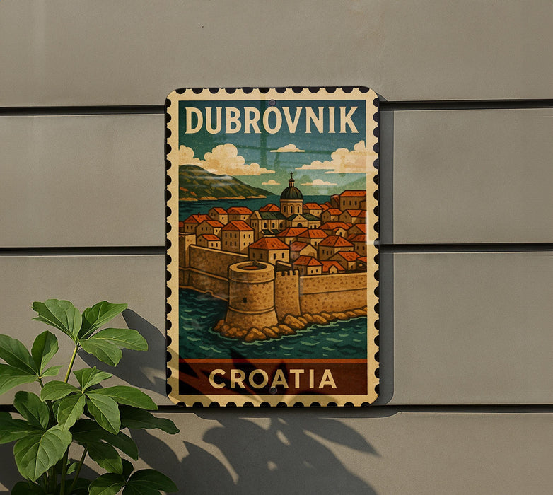 A vintage postage stamp depicting Dubrovnik, Croatia, with a castle and cityscape in the background.