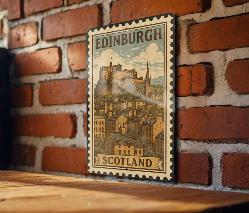 A vintage-style metal stamp depicting the city of Edinburgh, Scotland, with a castle and buildings in the background.