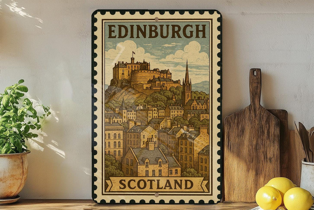 A vintage-style metal sign depicting the Edinburgh Castle in Scotland, with a wooden board and a potted plant in the foreground.
