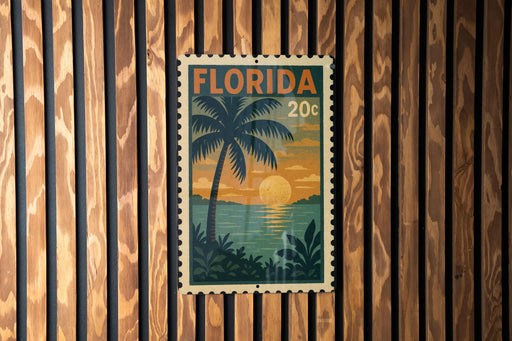 A Florida postage stamp is displayed on a wooden wall.
