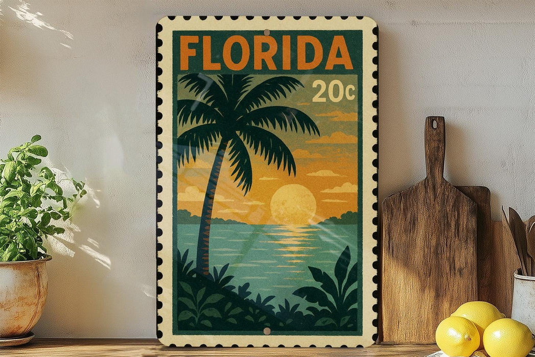 A framed vintage-style stamp depicting a tropical beach scene with palm trees, a sunset, and a body of water.