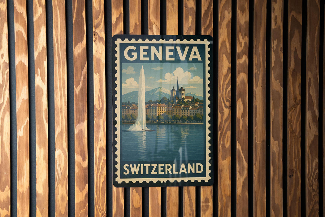 A vintage-style postage stamp from Switzerland featuring a cityscape and a tall tower, mounted on a wooden wall.