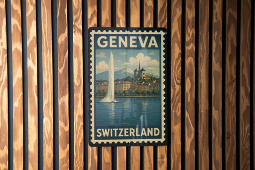 A vintage-style postage stamp from Switzerland featuring a cityscape and a tall tower, mounted on a wooden wall.
