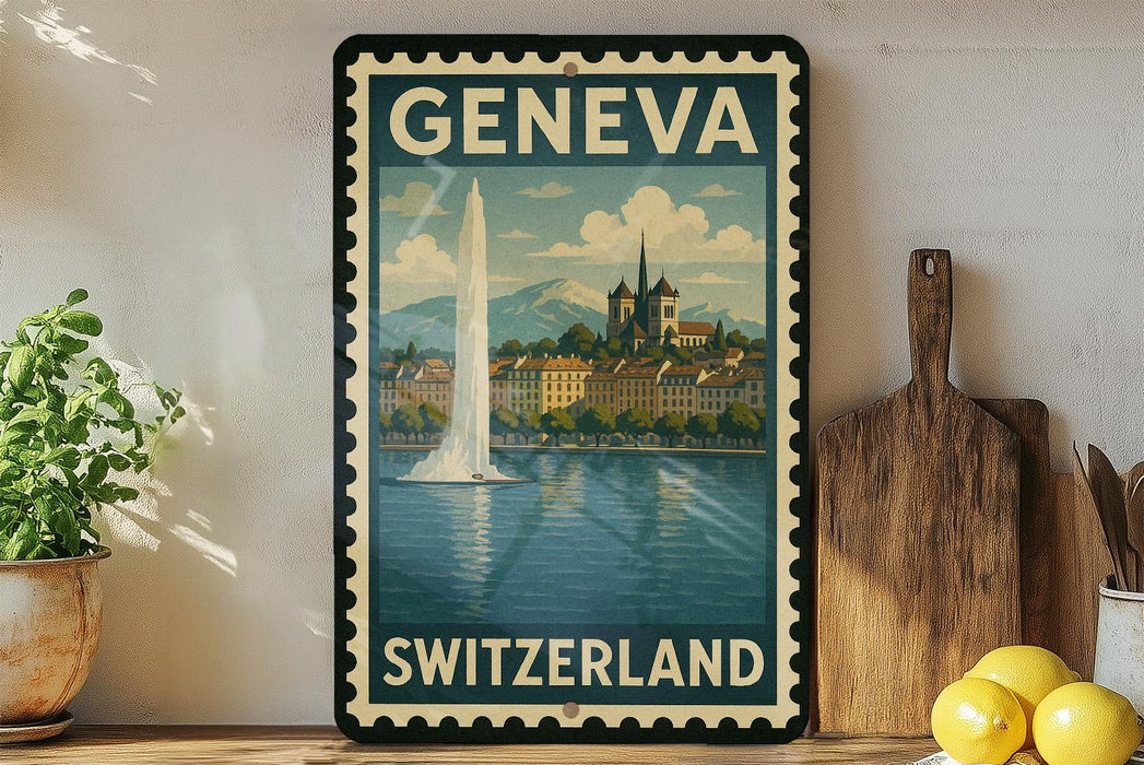 A vintage-style poster of Geneva, Switzerland, featuring a cityscape with a tall tower and a fountain, is displayed on a wall next to a wooden cutting board and a potted plant.