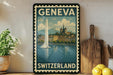 A vintage-style poster of Geneva, Switzerland, featuring a cityscape with a tall tower and a fountain, is displayed on a wall next to a wooden cutting board and a potted plant.