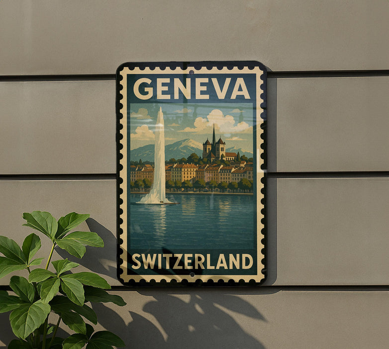 A vintage-style postage stamp depicting the city of Geneva, Switzerland, with a tall tower and a body of water in the background.