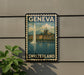 A vintage-style postage stamp depicting the city of Geneva, Switzerland, with a tall tower and a body of water in the background.