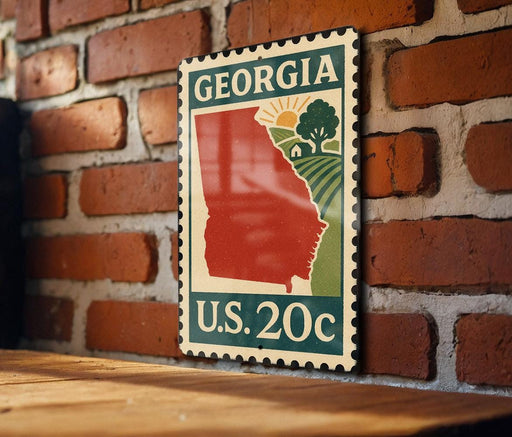 A vintage-style postage stamp from Georgia, featuring a red state map and a green tree, is displayed on a brick wall.