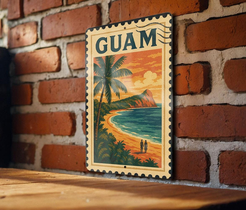A vintage-style postage stamp depicting a tropical beach scene with palm trees, a sunset, and a couple walking along the shoreline.