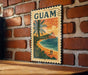A vintage-style postage stamp depicting a tropical beach scene with palm trees, a sunset, and a couple walking along the shoreline.