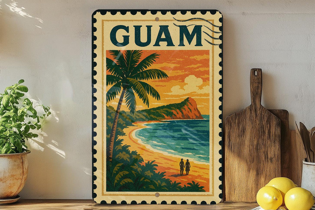 A vintage-style metal sign with a tropical beach scene and palm trees, featuring the word "GUAM" prominently displayed.