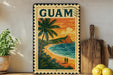 A vintage-style metal sign with a tropical beach scene and palm trees, featuring the word "GUAM" prominently displayed.