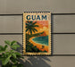 A vintage-style postage stamp depicting a tropical beach scene with palm trees, a sunset, and a couple walking along the shoreline.
