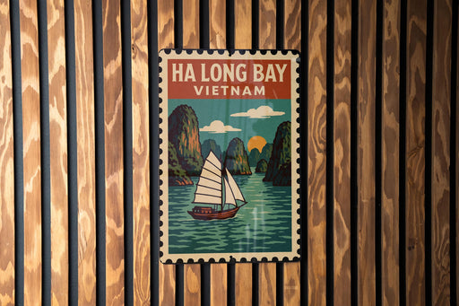 A vintage-style poster of Ha Long Bay, Vietnam, featuring a sailboat on the water and surrounded by mountains.