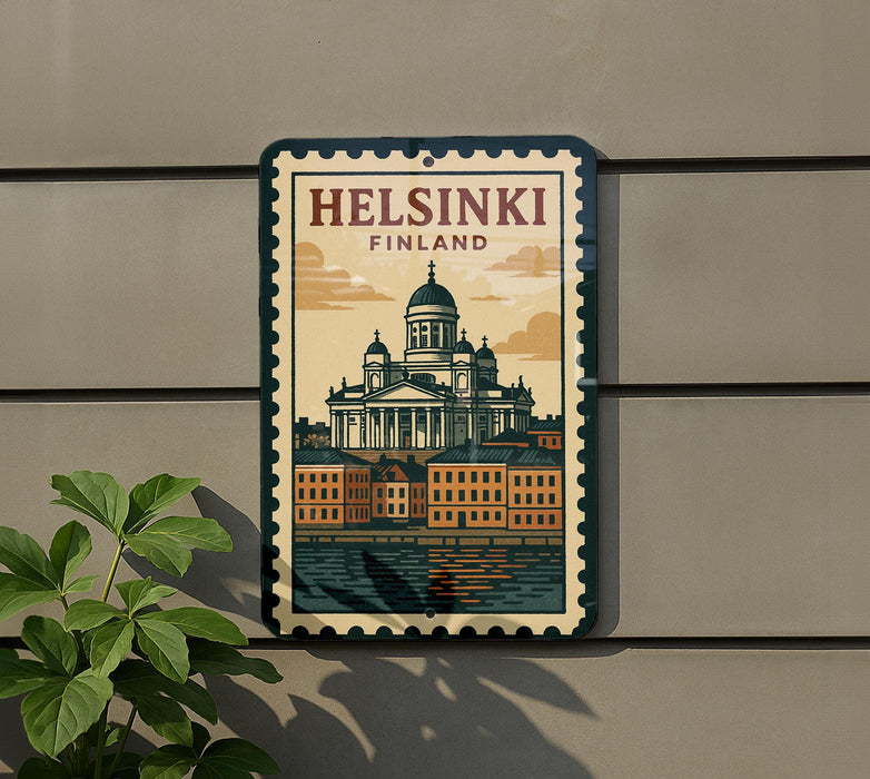 A vintage-style poster of Helsinki, Finland, featuring the Helsinki Cathedral and surrounding buildings, is displayed on a wall.