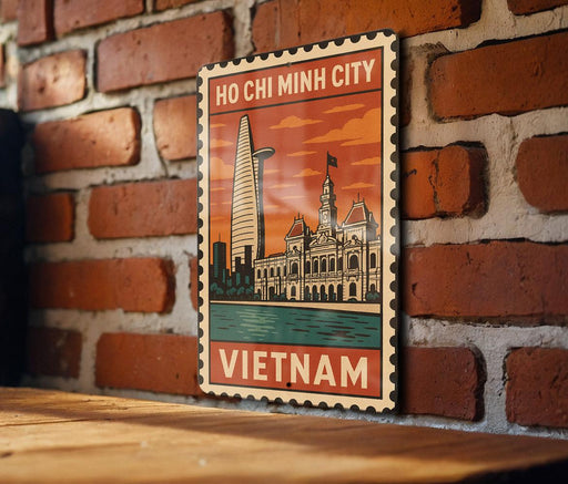 A vintage-style metal sign with a cityscape and the text "HO CHI MINH CITY VIETNAM" displayed on a brick wall.
