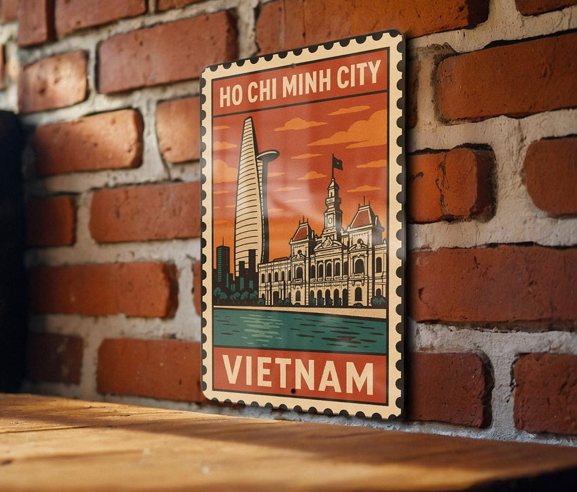A vintage-style metal sign with a cityscape and the text "HO CHI MINH CITY VIETNAM" displayed on a brick wall.