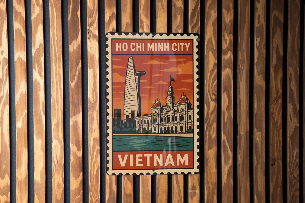 A vintage-style postage stamp featuring the Ho Chi Minh City skyline, with the text "HO CHI MINH CITY" and "VIETNAM" prominently displayed.
