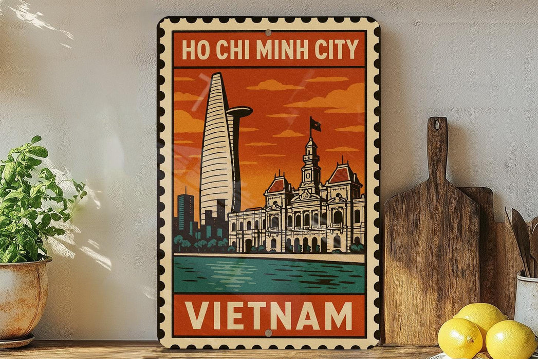 A vintage-style metal sign depicting Ho Chi Minh City, Vietnam, with a tall skyscraper and a building with a clock tower, set against a colorful sky.