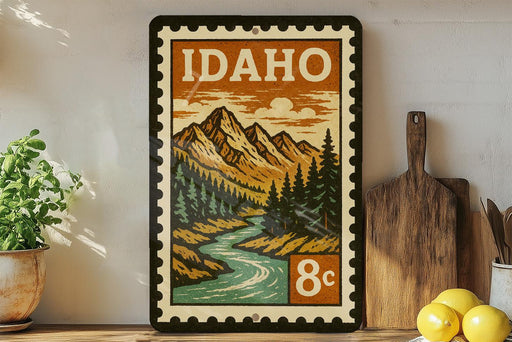 A framed vintage postage stamp depicting a mountain landscape with a river, surrounded by pine trees, is displayed on a shelf next to a wooden cutting board and some lemons.