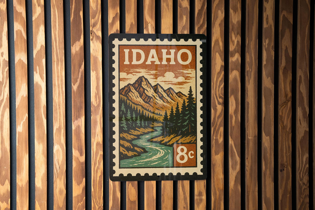 A framed postage stamp depicting a scenic mountain landscape with a river, hanging on a wooden wall.
