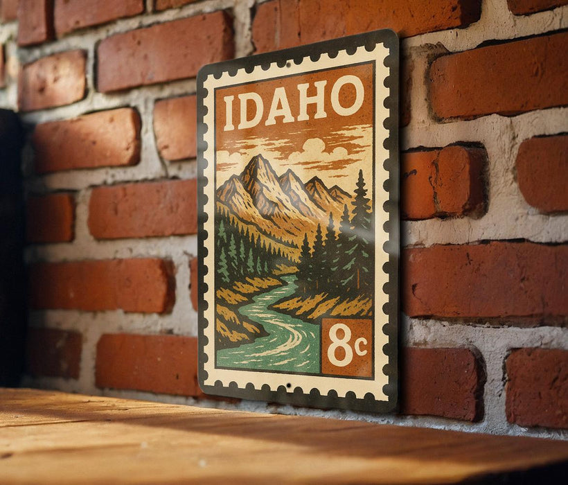 A vintage-style postage stamp from Idaho, featuring a mountain landscape with a river, is displayed on a brick wall.