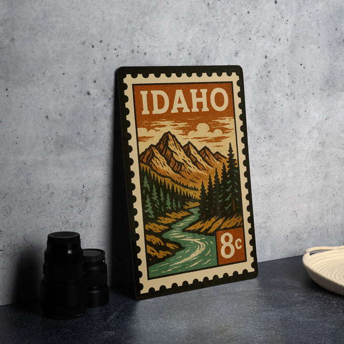 A framed illustration of Idaho mountains and a river, with the text "IDAHO" prominently displayed, is sitting on a table next to some black camera lenses.