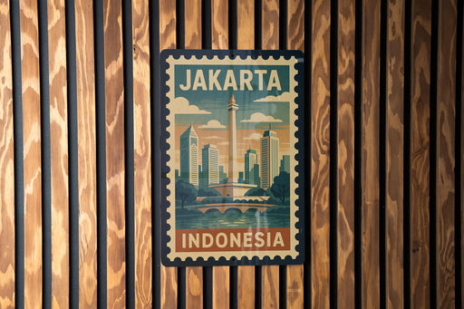 A vintage-style postage stamp from Indonesia featuring a cityscape and a bridge, mounted on a wooden wall.