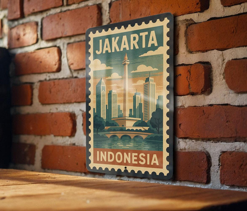 A vintage-style metal sign with the text "JAKARTA INDONESIA" displayed on a brick wall.