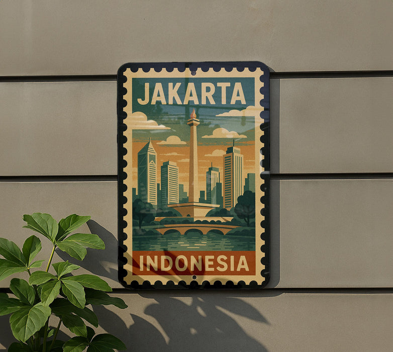 A vintage-style poster of Jakarta, Indonesia, featuring a cityscape with a tall tower, is displayed on a wall.