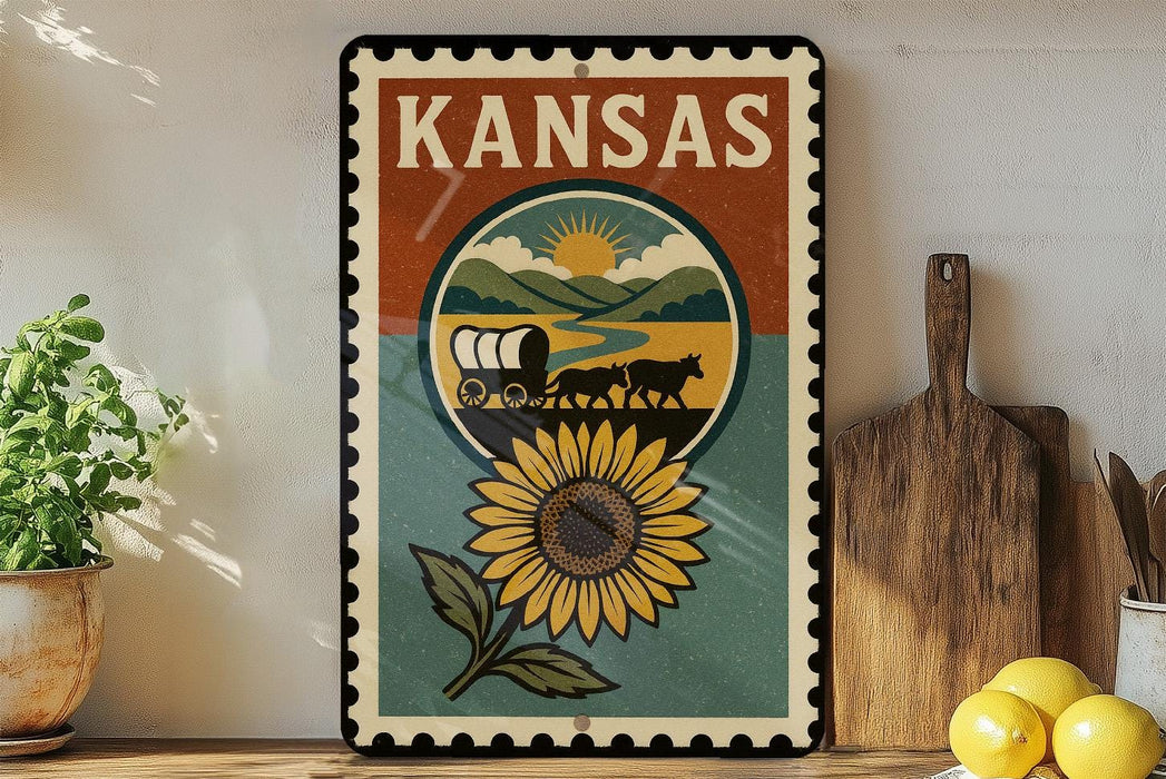 A vintage-style metal sign with the word "KANSAS" prominently displayed, featuring a sunflower and a wagon in the center. The sign is placed on a wooden shelf, with a potted plant and a wooden cutting board nearby.