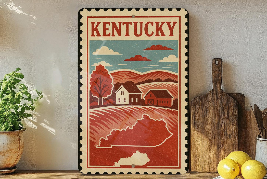 A vintage-style metal sign with a red border and the word "Kentucky" prominently displayed, depicting a rural landscape with a house and trees. The sign is placed on a wooden shelf, with a potted plant to the left and a wooden cutting board to the right.