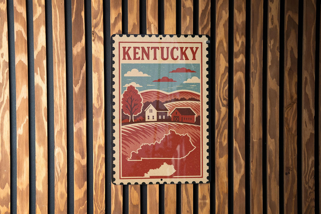 A vintage-style metal sign with the word "Kentucky" prominently displayed, featuring a rural landscape with a house and trees.