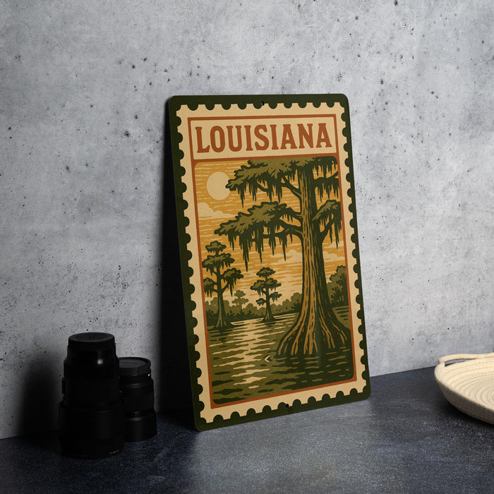 A framed illustration of a Louisiana landscape, featuring a tree with hanging roots, is displayed on a wall next to a stack of black camera lenses.