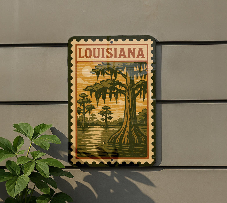 A sign depicting a tree with hanging roots and a body of water, representing the state of Louisiana.