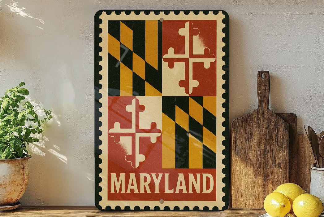 A framed sign displaying the state of Maryland, featuring the state's flag design, is displayed on a shelf next to a wooden cutting board and some lemons.