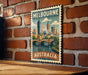 A vintage-style metal stamp depicting the Melbourne skyline, with the text "Melbourne Australia" prominently displayed.