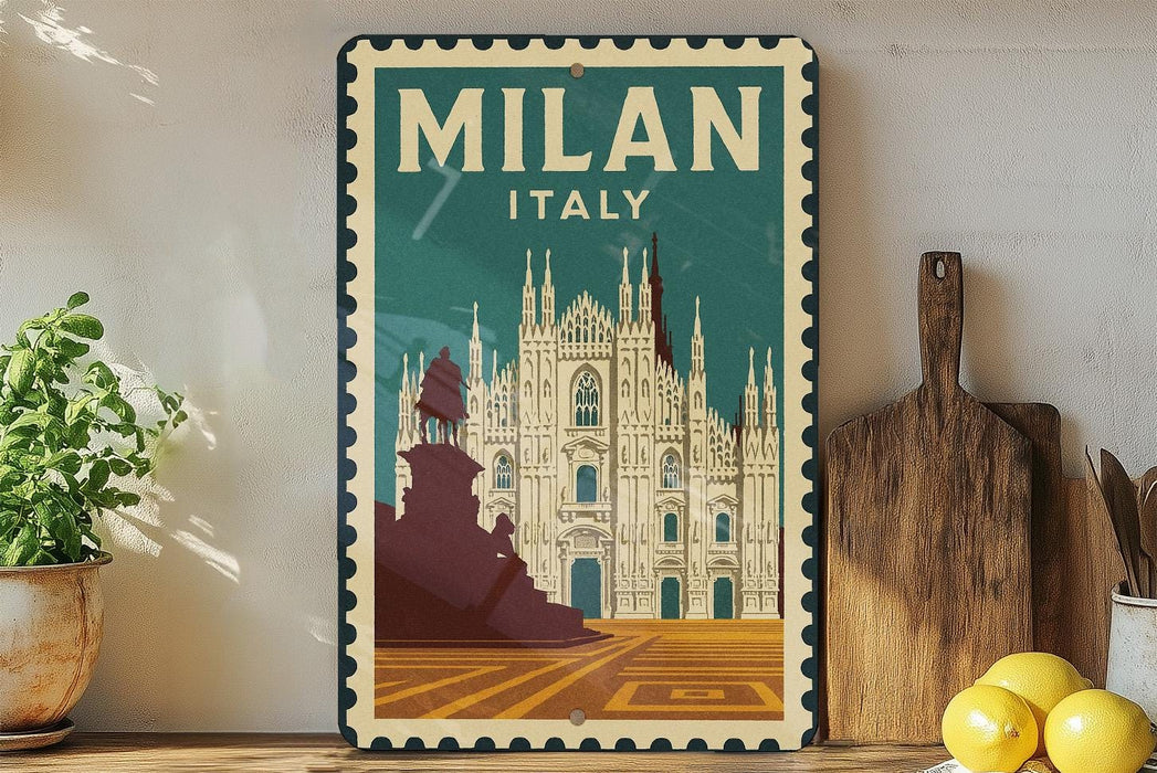 A vintage-style metal sign with the text "MILAN ITALY" and an illustration of the Milan Cathedral, a famous landmark in Italy.