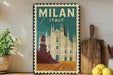 A vintage-style metal sign with the text "MILAN ITALY" and an illustration of the Milan Cathedral, a famous landmark in Italy.