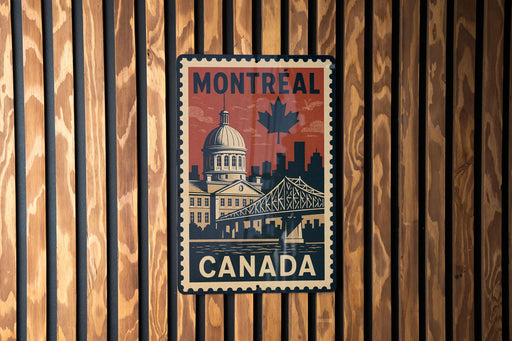 A vintage-style metal stamp depicting the city of Montreal, Canada, with a large dome building and a bridge in the background.